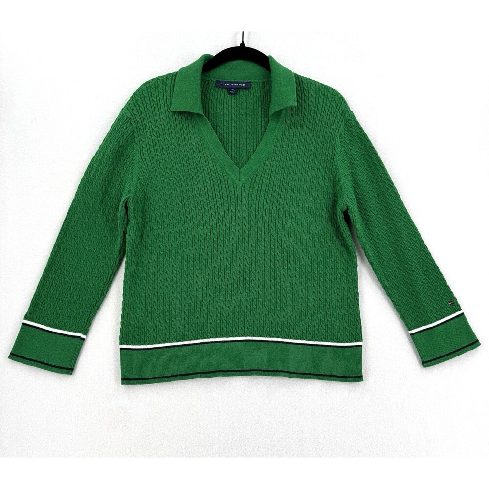 Tommy Hilfiger Women L Green Cable Knit Polo Sweater V Neck Preppy Quiet Luxury